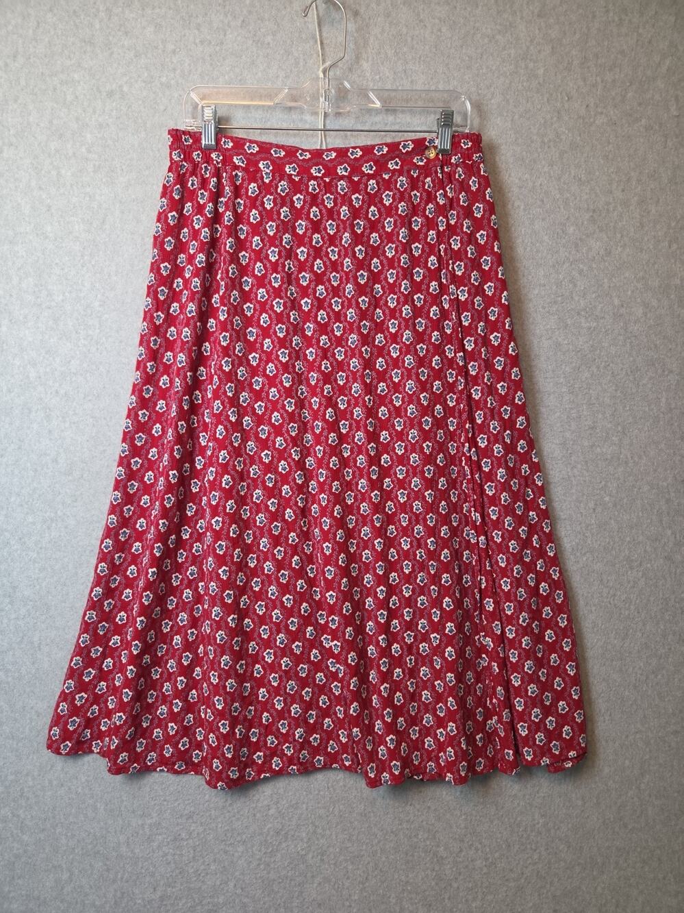 L.L. Bean Red Floral Rayon Button Up Wrap Midi Skirt Size Petite L Elastic Waist